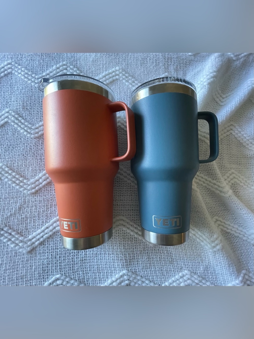 Yeti Rambler 35oz Mugs Pair - (Orange & Blue with Handles) (2 together $30)